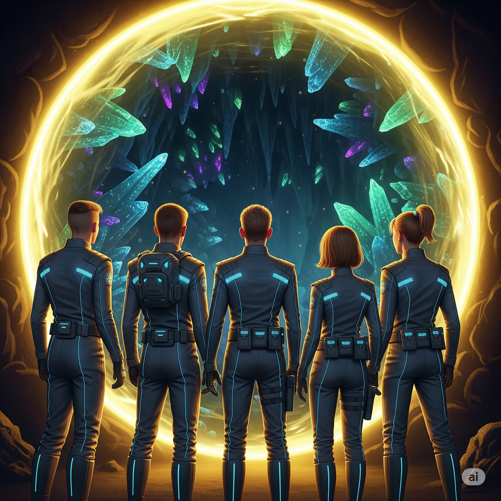 Cinco adolescentes en uniforme miran hacia adentro de un portal interdimensional lleno de minerales de colores